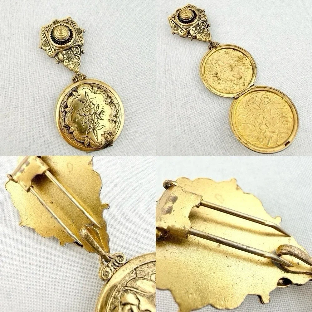 Vintage Gold Tone Locket Fur Clip Brooch Pin Engraved Floral Ornate Photo MCM